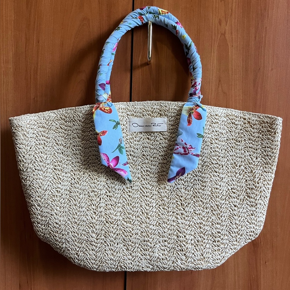 Oscar de la Renta Straw Tote with Blue Floral-Print Handles